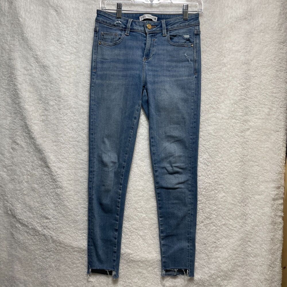 Zara Women’s Skinny Jeans 4 Blue Distressed Raw Hem High Waist Casual Denim